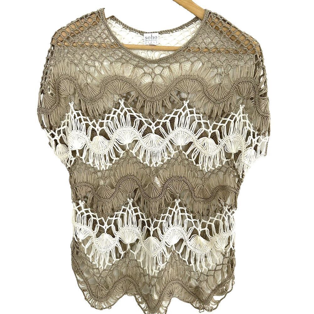 Open Knit Sweater Soho Size Medium Tan Crocheted Coastal Cottage Short Sleeve